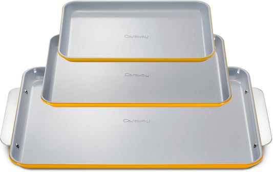 Caraway Non-Stick Ceramic Baking Sheet Trio - Naturally Slick Ceramic Coating - Non-Toxic, PTFE & PFOA Free - 18 x 13" Large, 15 x 10" Medium, & 9" x 13" Small - Marigold