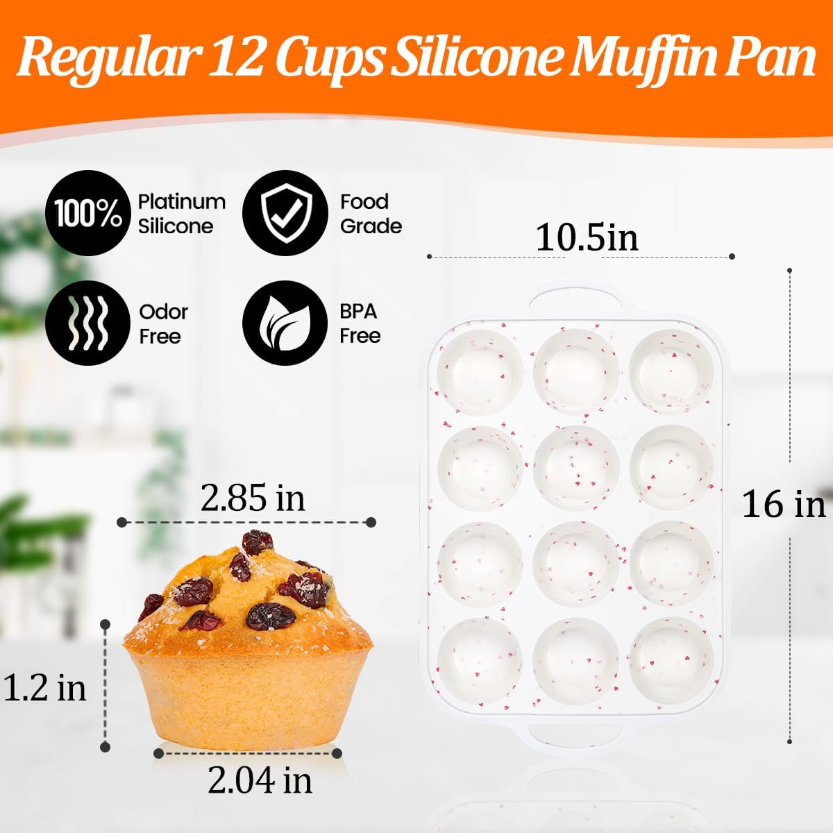 CAKETIME Silicone Muffin Pan, Metal Reinforced Frame Silicone Cupcake Pan Easy to Handle 12 Cups for Valentine's Day Baking Nonstick Regular Size Muffin Tin 1 Pack Love Heart