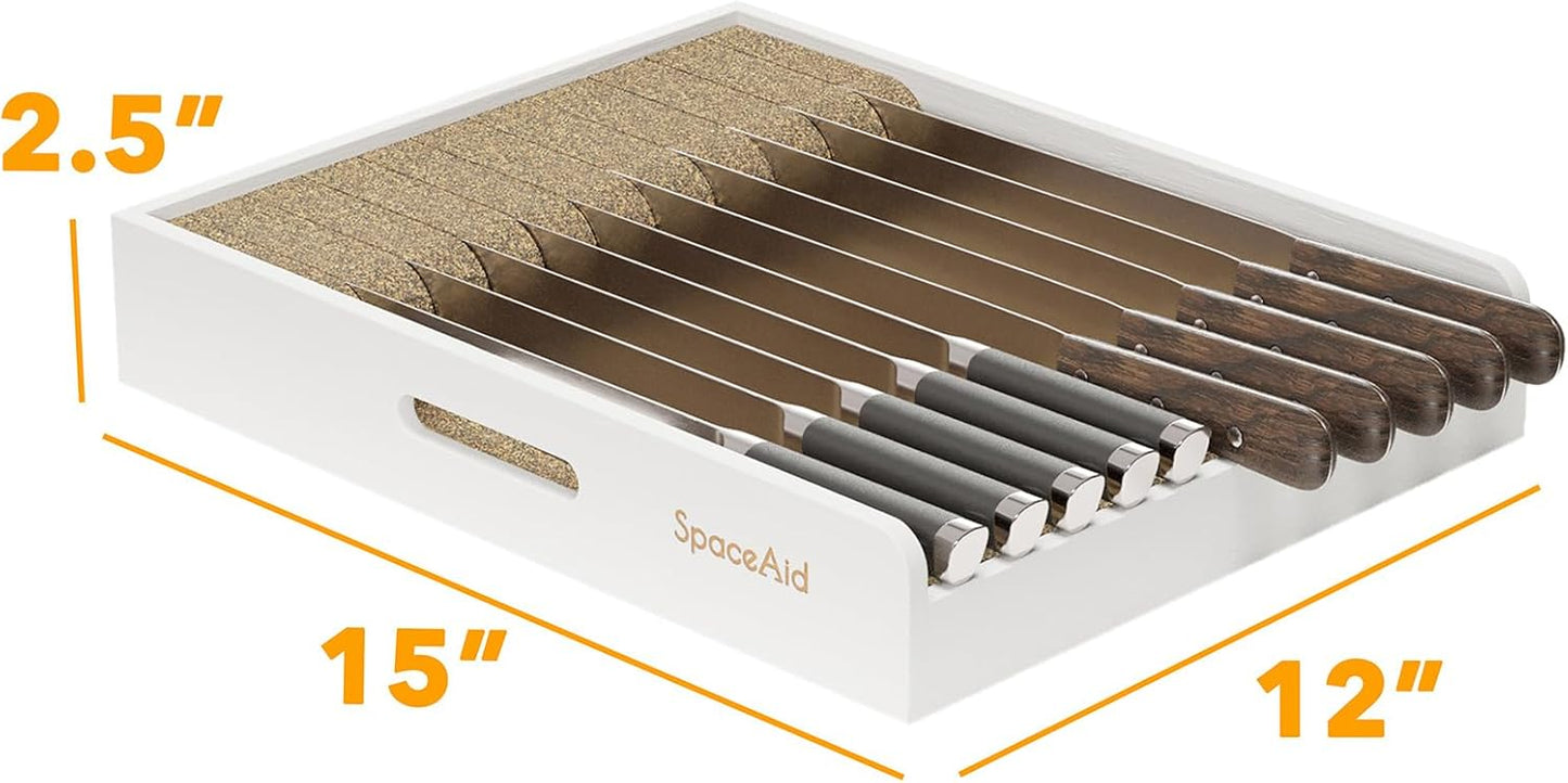 SpaceAid Large Knife Drawer Organizer Bamboo Insert Dock, Kitchen Steak Knives Holder Organizers Block for Drawer in Storage Organization (Large, White)