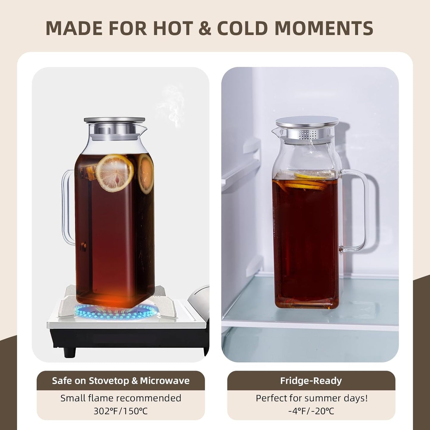 Glass Water Pitcher with Lid and Spout, 2L/68 Ounces Heat Resistant Borosilicate Glass Carafe, Temperature Safe