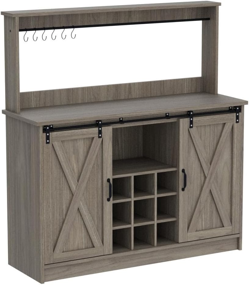 4ever2buy Farmhouse Coffee Bar Cabinet with Hutch, 47 Inch Wine Bar with Storage, Buffet Cabinet with Adjustable Shelves & 9 Wine Racks, Kitchen Buffet Cabinet for Dining Living Room, Grey