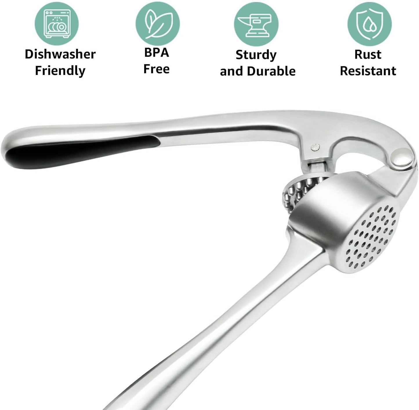 GD Garlic Press Crusher Mincer Tool - Dishwasher Safe & Rust Proof, Easy-Squeeze Garlic Smasher with Ergonomic Handle, Includes Silicone Garlic Peeler & Brush (Silver)