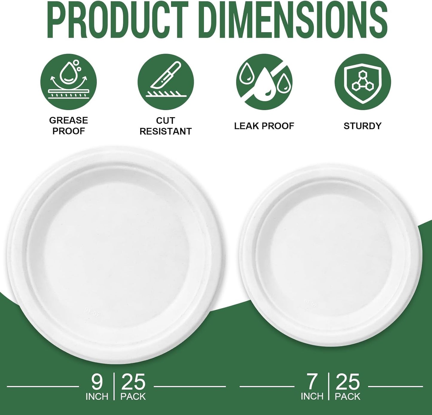50 Compostable Paper Plates, Includes 25-9" & 25-7" Heavy Duty Disposable Plates, Biodegradable Sugarcane Bagasse, White