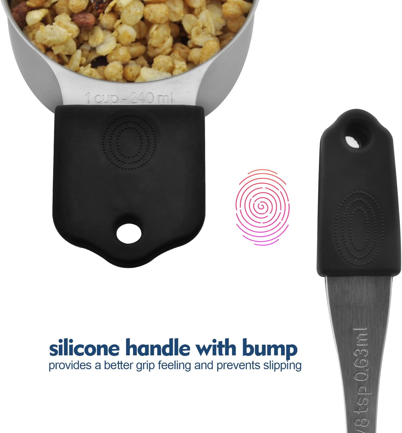 Magnetic Measuring Cups Set, 7 Pieces 18/8 Stainless Steel Stackable Nesting Heavy Duty Metal Measure Cups, Color Silicone Handle Kitchen Tools for Dry and Liquid Ingredients (14, Black)