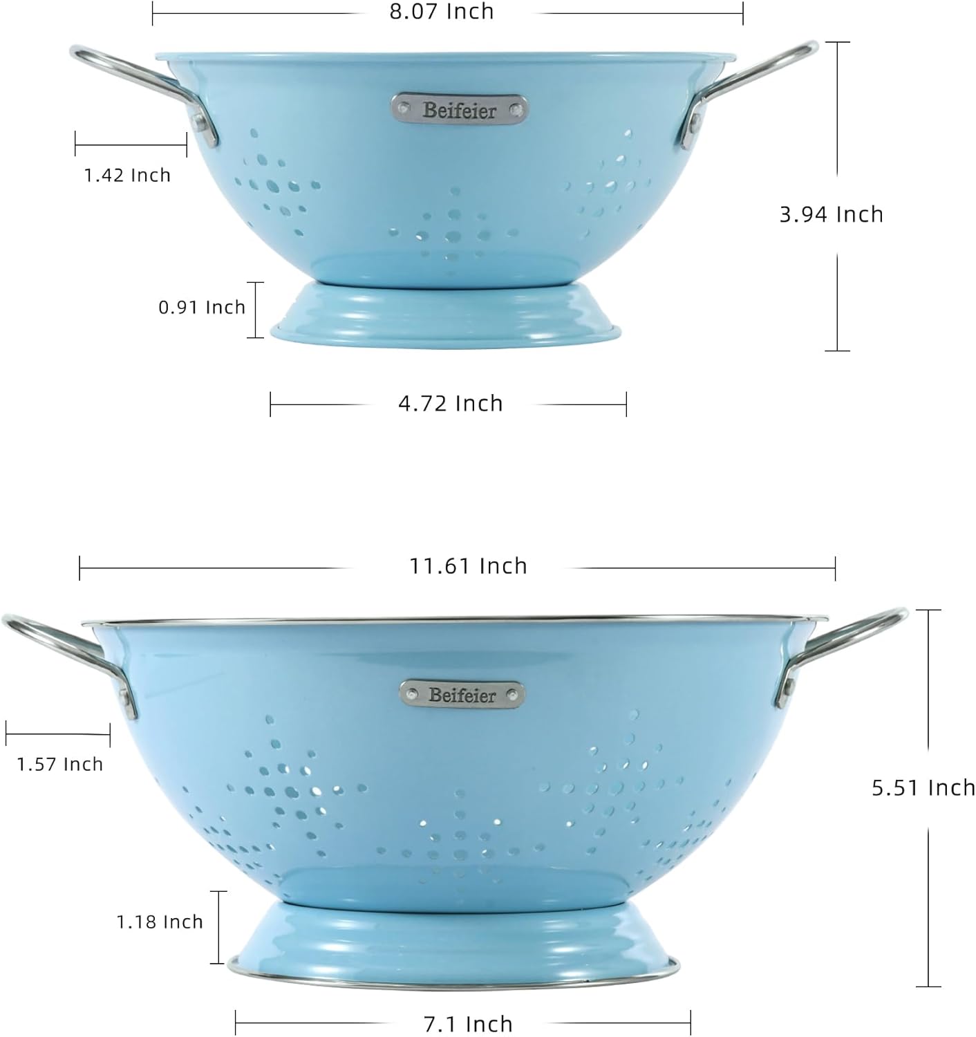 Metal Colander 2 Pack, Strainer Bowel with Handles 2Qt & 6Qt Powder Coated Solid Ring Base Heavey Duty Kitchen Drainer Basket for Pasta Veggies and Fruits,New Home Apartment Essentials (ArcticBlue)