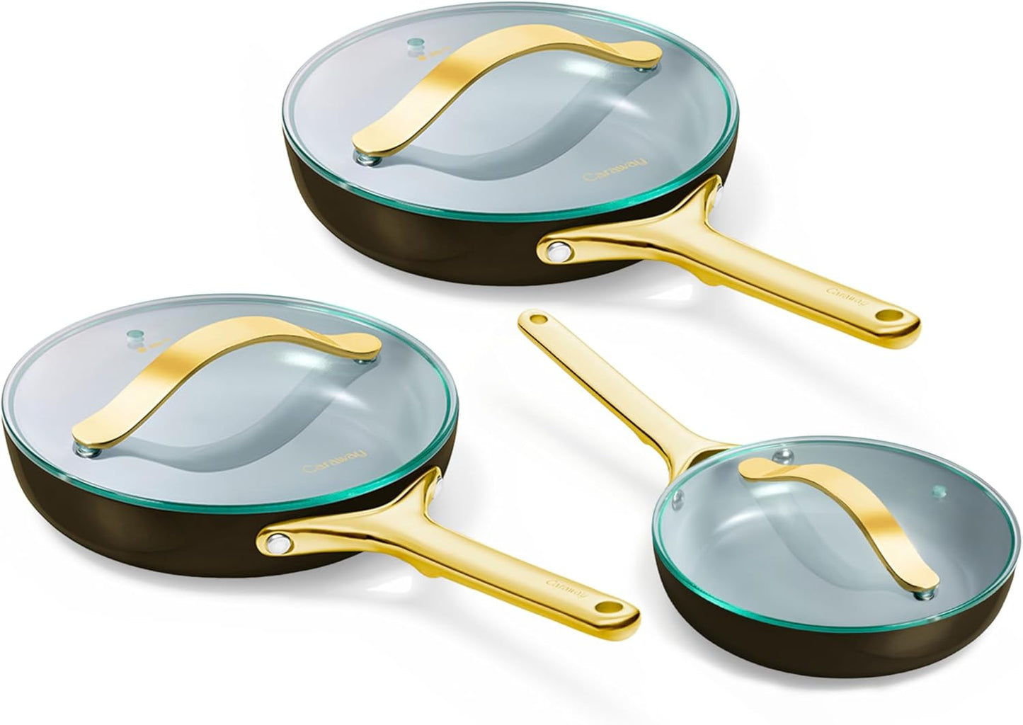 Caraway Ceramic Nonstick Fry Pan Set with Glass Lids – Includes Two 10.5” Fry Pans, One 8” Fry Pan, & Three Lids - Non Toxic, PTFE & PFOA Free - Oven Safe & Compatible with All Stovetops - Black