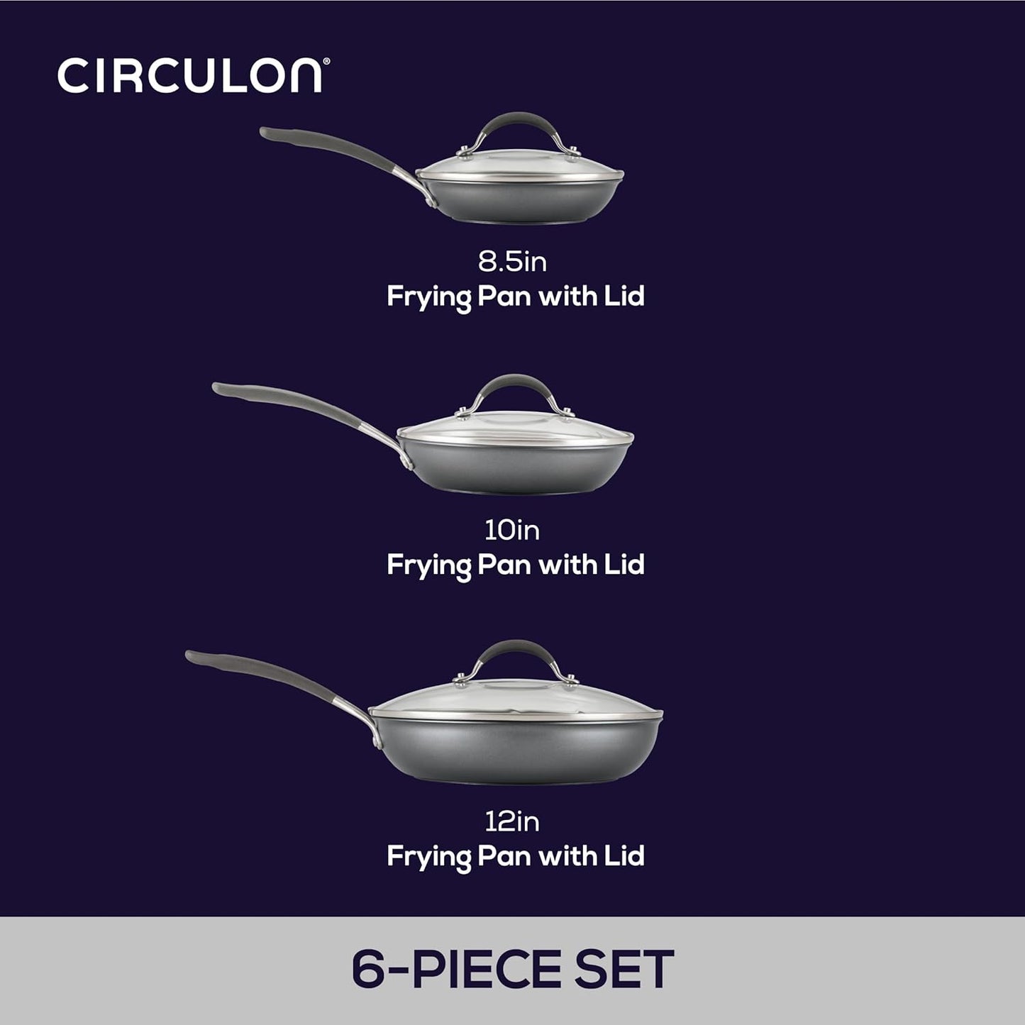 Circulon A1 Series with ScratchDefense Technology Nonstick Induction, Frying Pans/Skillets with Lids, Metal Utensil Safe, Skillet Set w/Lid (8.5", 10" & 12") - Graphite