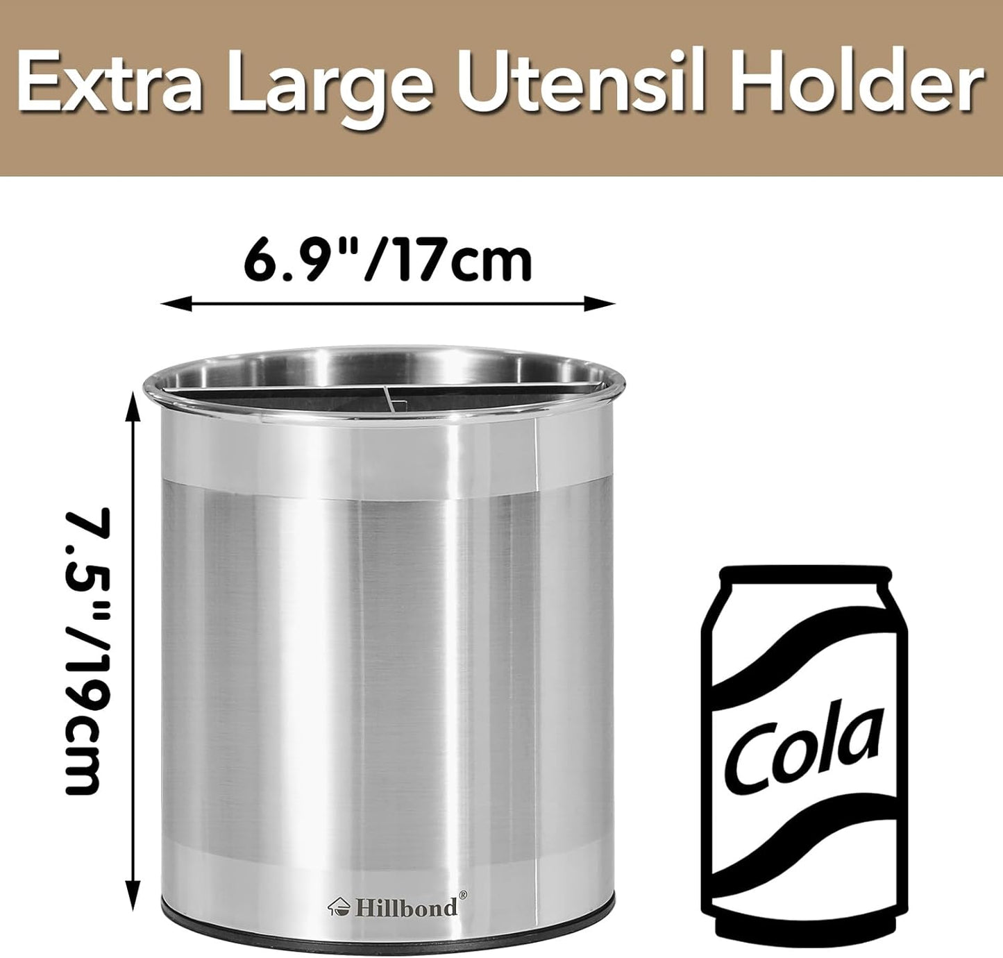 Hillbond Stainless Steel Utensil Holder for Kitchen Counter with Removable Divider, 6.9x7.5 inch Metal Utensil Holder for Countertop, 360° Rotating Spatula Crock for Cooking (EXTRA LARGE)