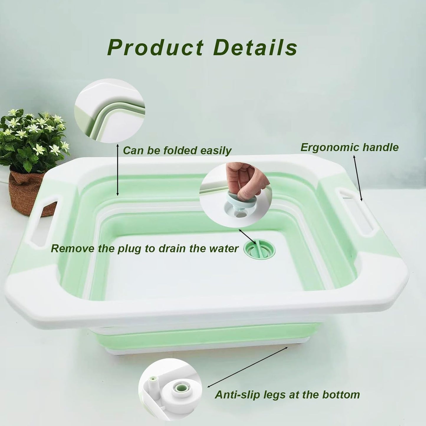 Camping Collapsible Cutting Board Dish Basin BBQ Prep Tub Camp Sink Dish Washing Station Multifunctional Storage Basket(Green white)