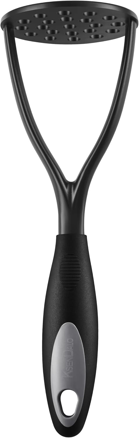 KSENDALO Nylon Potato Masher Set of 2, Thick Nonstick Food Masher Comfortable Rubber Wrapped Handle European Imported Nylon Blade, Black