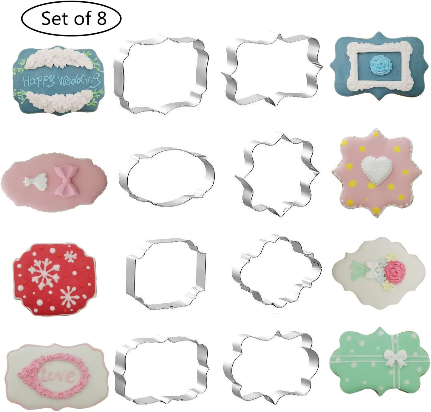 Fancy Plaque Cookie Cutters Set of 8 pcs, Stainless Steel Wedding Frames Shaped Fondant Cutter Molds Baking DIY