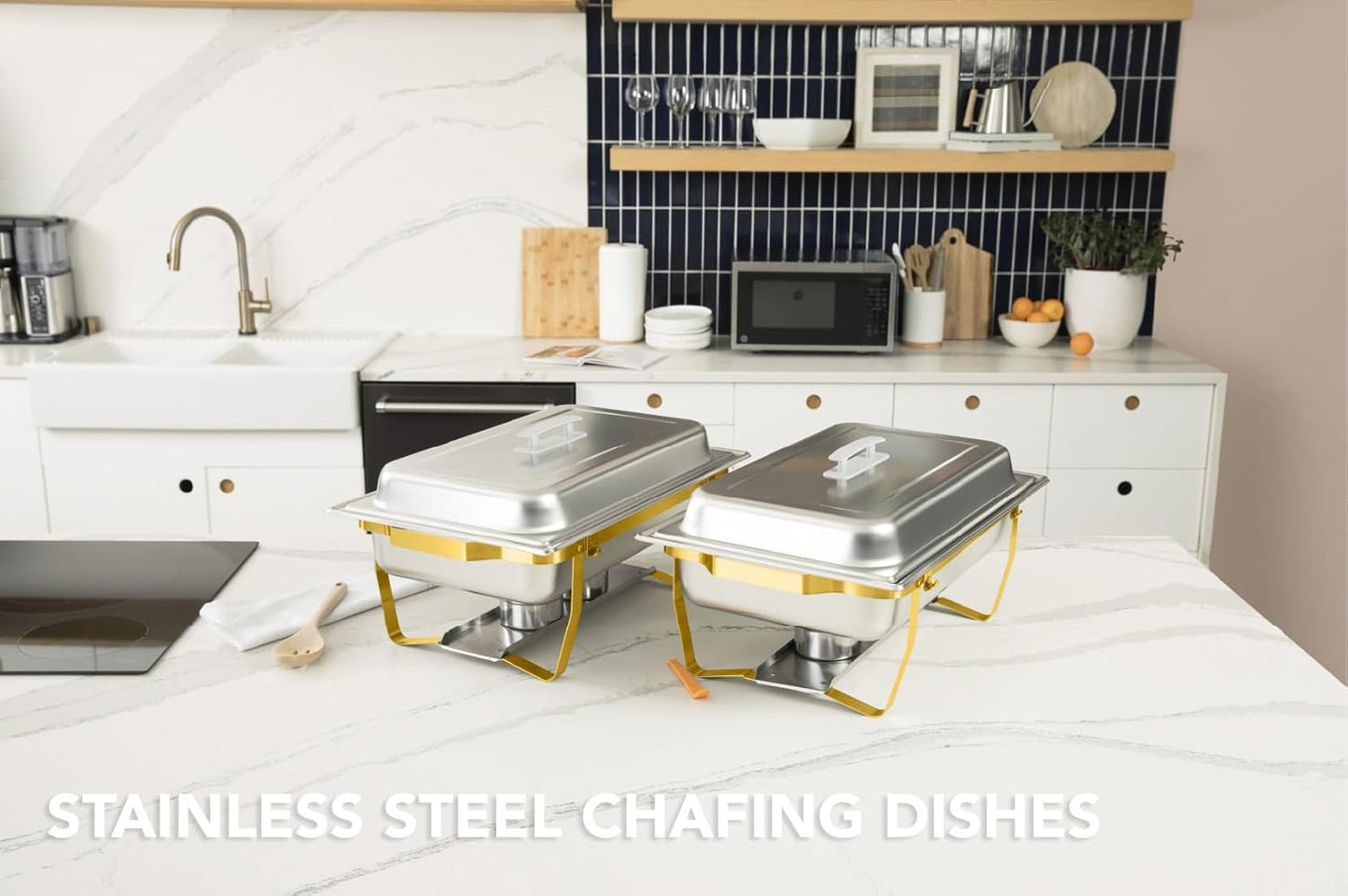 4 Pack 8QT Chafing Dish Full Set – Stainless Steel Catering Chafer with Lids, Pans & Fuel Holders – Buffet Food Warmers for Parties, Events & Weddings – Gold Frame