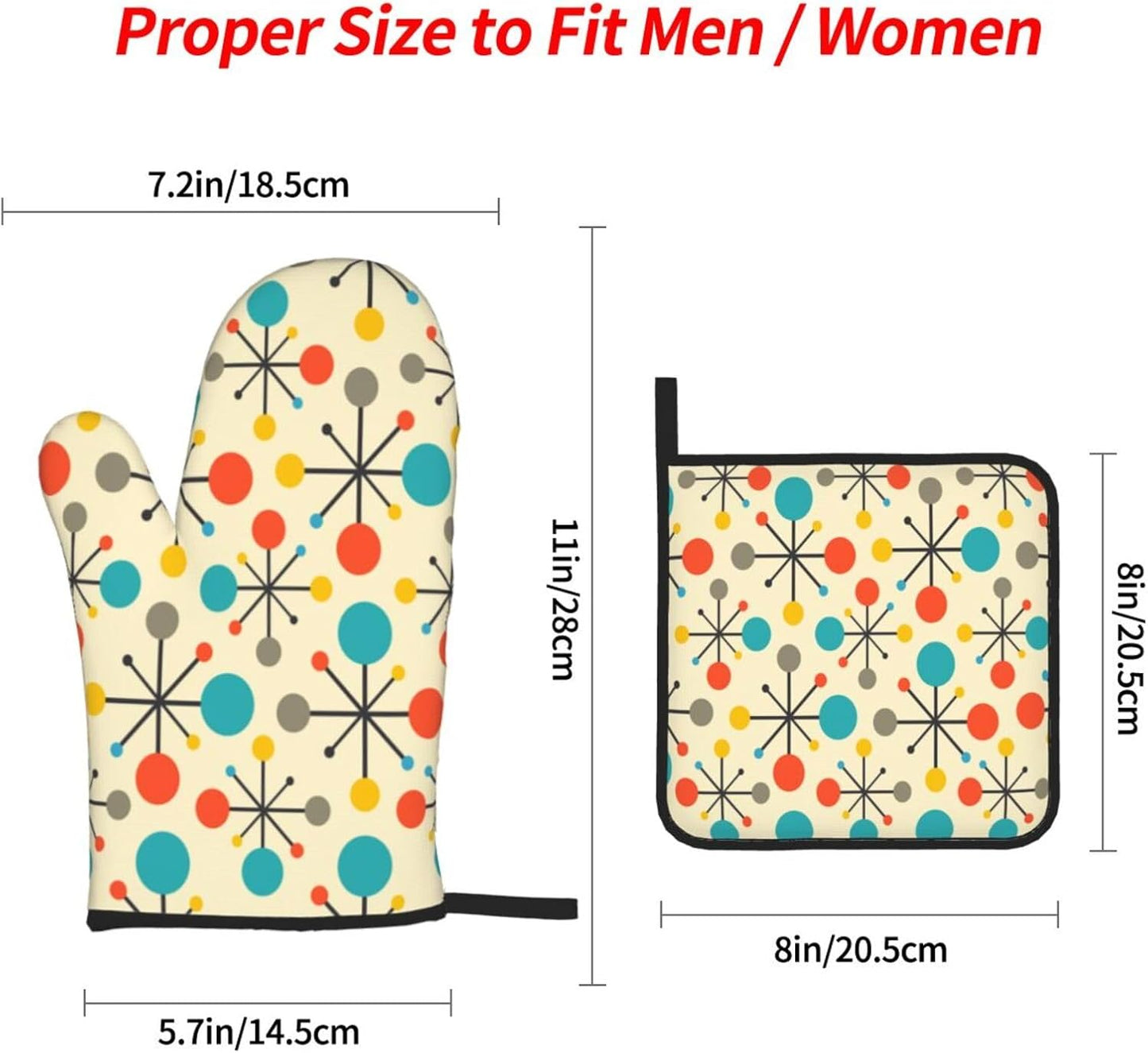 Mid Century Fifties Modern Atomic Retro Colors Oven Mitts and Pot Holders Sets of 4 High Heat Resistant Oven Mitts with Oven Gloves and Hot Pads Polyester Potholders for Kitchen Cooking Mitts