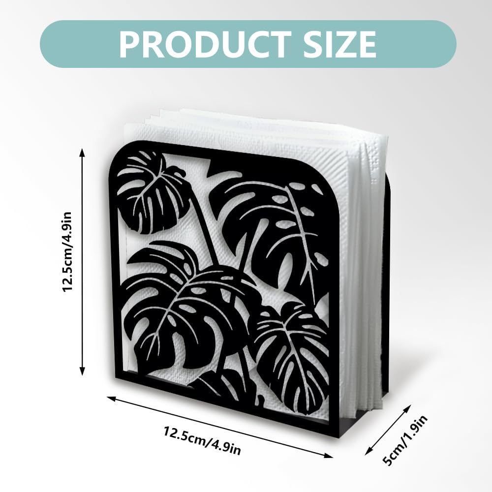 Monstera Leaf Decorative Black Metal Napkin Holder for Table, 4.9" x 4.9" x 1.9" Monstera Deliciosa Standing Napkin Holder for Home Kitchen Restaurant Picnic Party Coffee Bar Dining Room