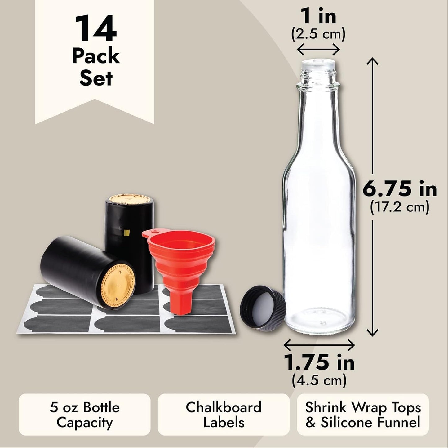 Talented Kitchen 14-Pack Glass Hot Sauce Bottles Kit - 5 Oz Clear Woozy Bottles - Screw-On Caps & Dripper Inserts - Includes Funnel & 18 Chalkboard Labels - Dishwasher-Safe - Hot Sauce Making Supplies