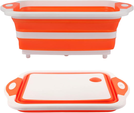 Collapsible BBQ Prep Tub/Cutting Board 10L, Foldable Dish Tub with Colander, Portable Camping Sink, Multifunction Dishing Basin Bucket Wash Tub for Kitchen Fruit Vegetable Picnic (Orange)
