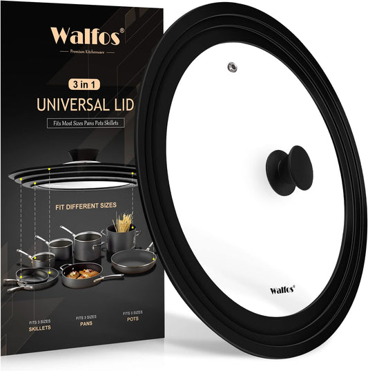 Walfos Universal Lid for 9", 10" and 10.5" Diameter Cookware, Fits Pots, Pans and Skillets - Walfos Tempered Glass Pan Lid with Heat Resistant Silicone Rim, BPA Free Pot Lids, Dishwasher-Safe, Black