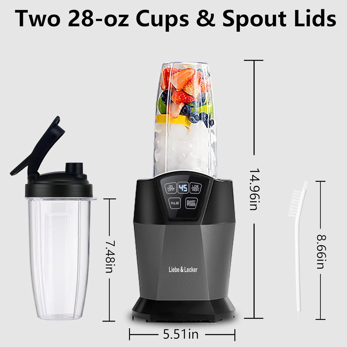 Liebe&Lecker Blender with 1200W-Peak-Watts, Powerful Smoothie Blender Smart Technology Blended Frozen Fruit for Smoothies, with Two 28-oz To-go Cups & Spout Lids