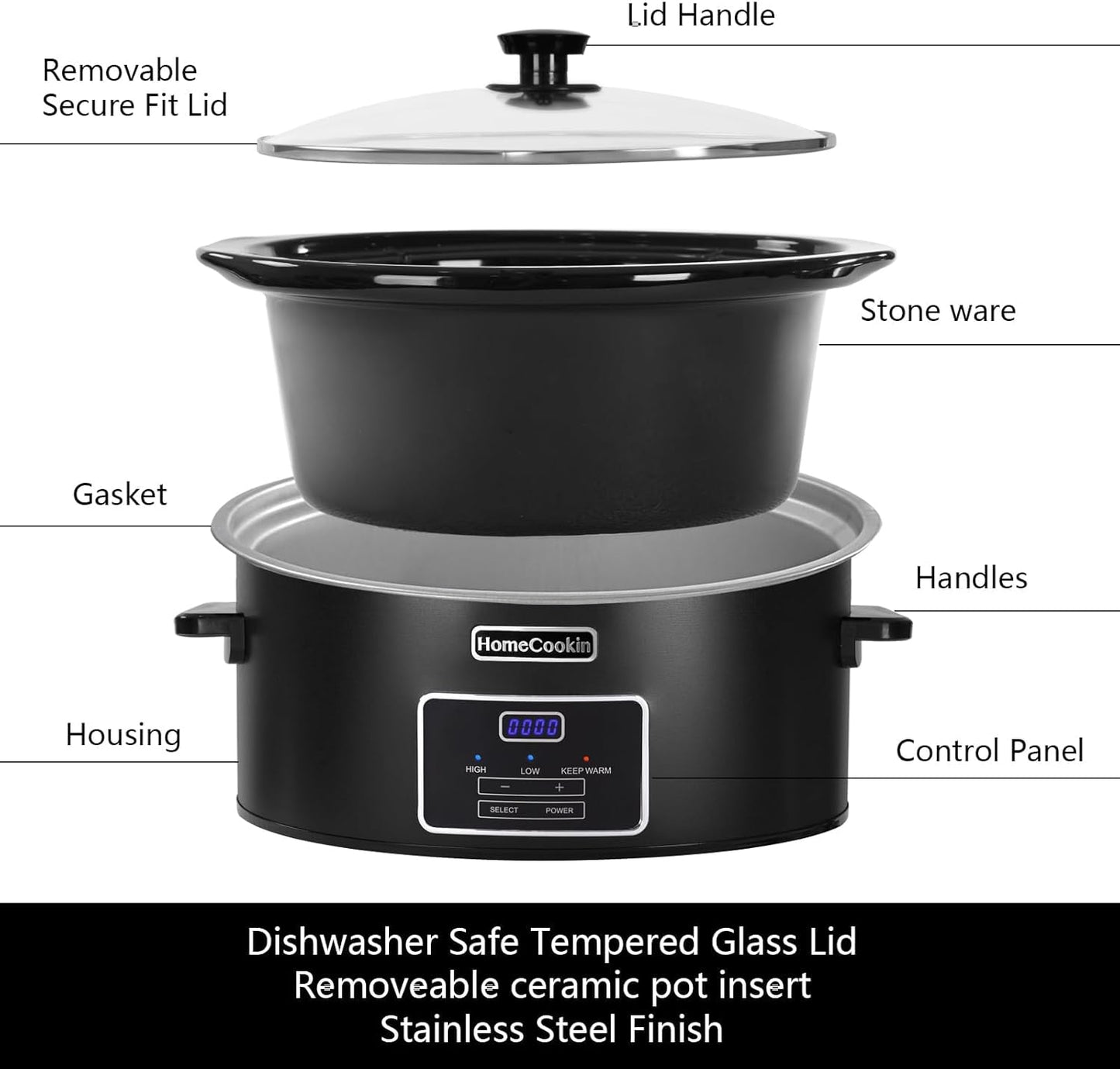 HOMECOOKIN 8 Quart Programmable Slow Cooker, Kitchen Appliances, Perfect Kitchen Small Appliance for Family Dinners, Black Stainless Steel