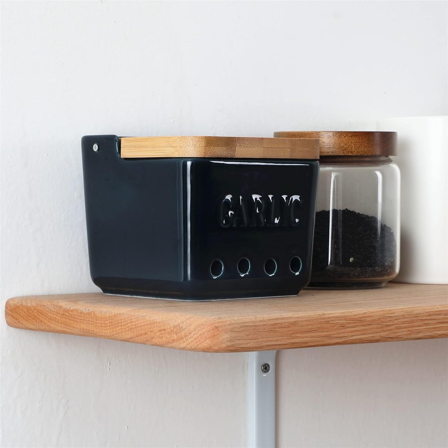 Navy Ceramic Garlic Keeper with Lid - Fresh Storage, Saver for Longer Life, 4.7-Inch