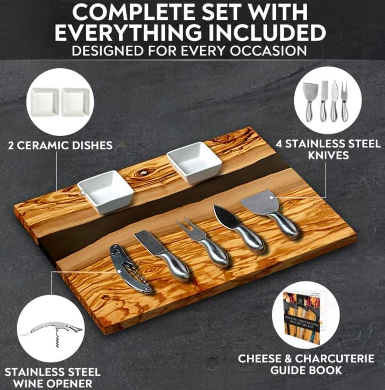 Handcrafted Italian Olive Wood Cheese & Charcuterie Board Set with Unique Black Resin Artwork - Cutting Board Comes with 4 Cheese Knives, 2 Dipping Bowls & Corkscrew Wine Opener (Black)