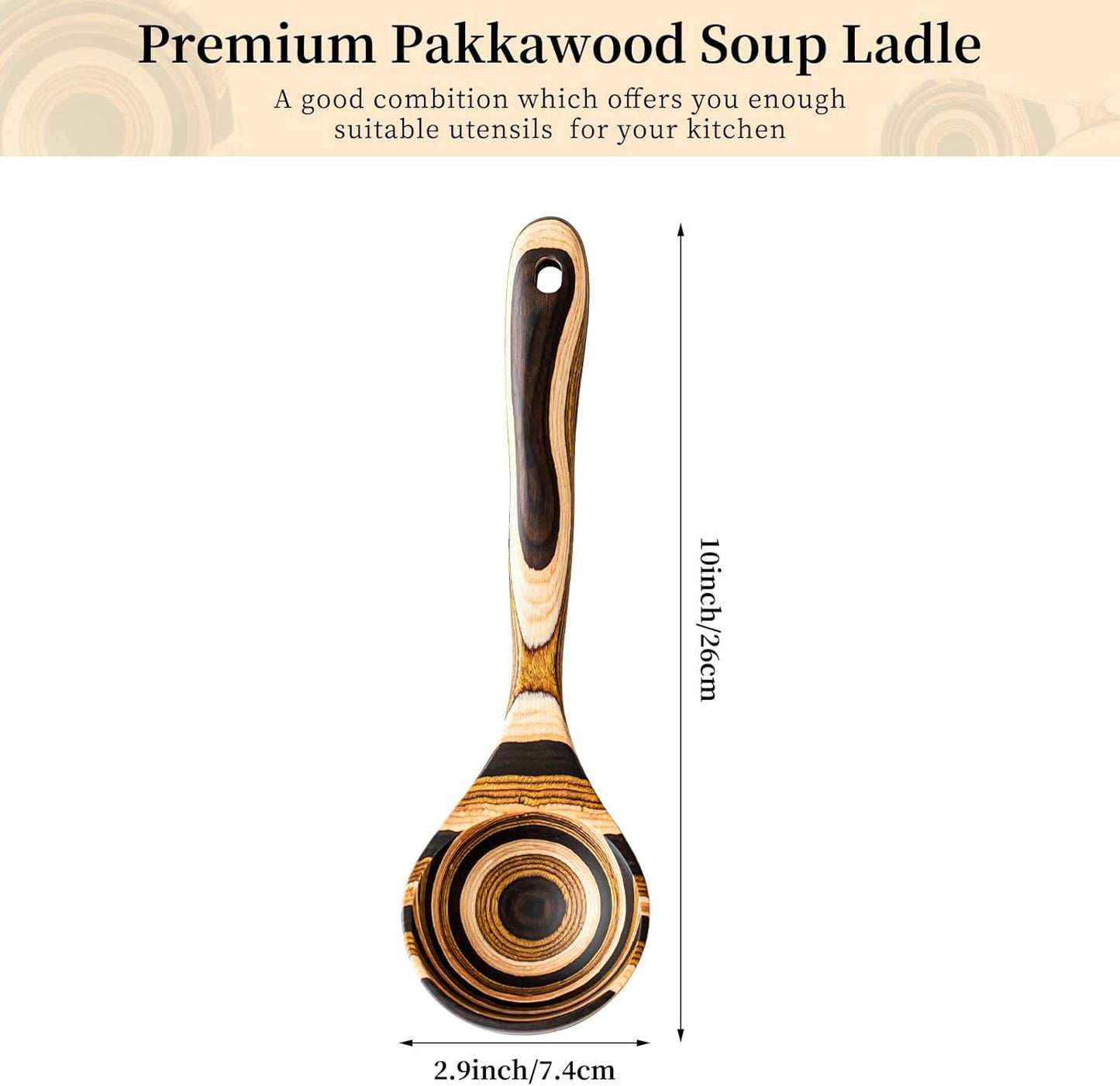 Gudamaye Pakkawood Deep Soup Ladles, 10.6 inch Big Wooden Ladle for Cooking, Wooden Kitchen Utensils Set