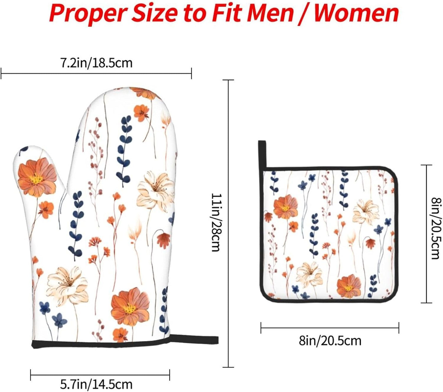 Watercolor Orange Floral Oven Mitts and Pot Holders Set Heat Resistant Non Slip Set of 3 Navy Blue and Orange Flower Decorative Kitchen Gloves Hot Pads for Cooking BBQ Baking Grilling