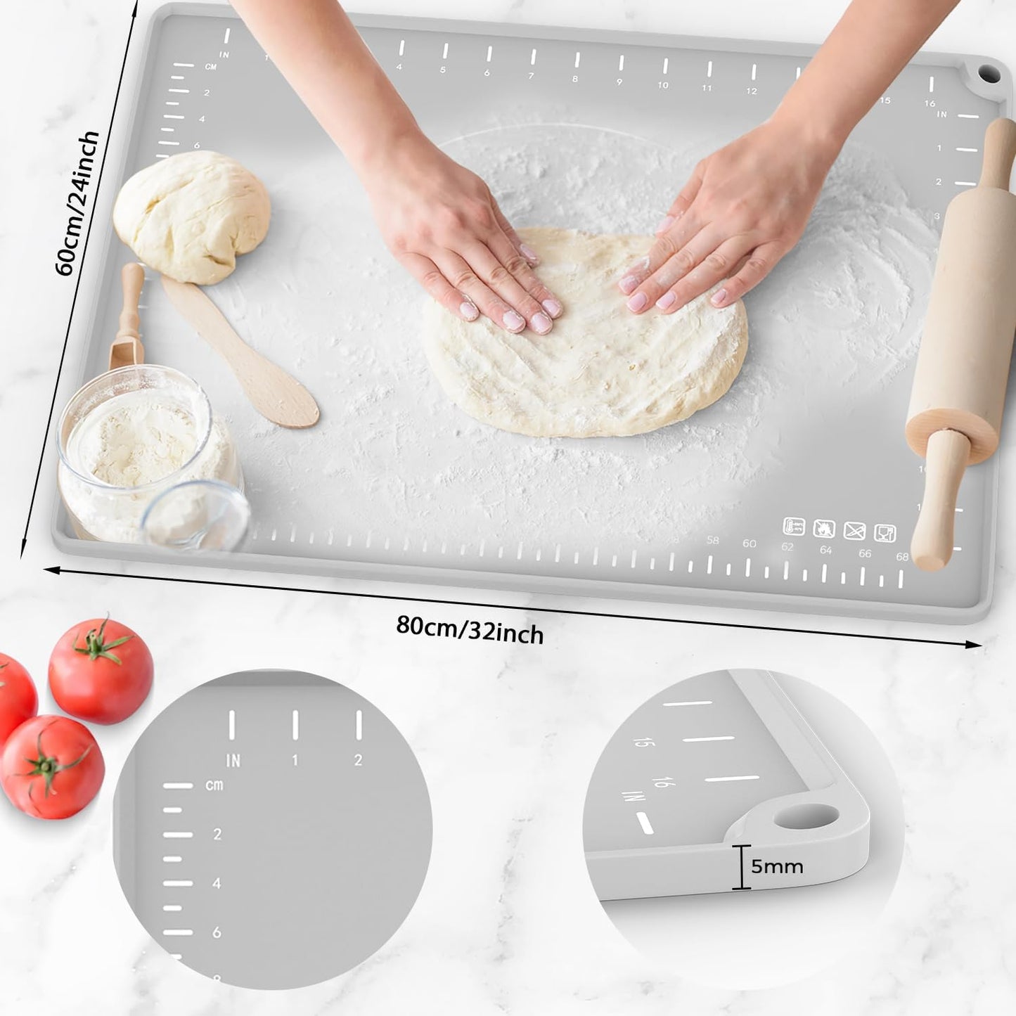 Silicone Baking Mat 32" x 24", Extra Thick Dough Rolling Mat with Measurements and Edge Heightening, Non-stick Food Grade Silicone Pastry Mat for for Pastry, Bread, Cookies, Pizza, Fondant, Pasta