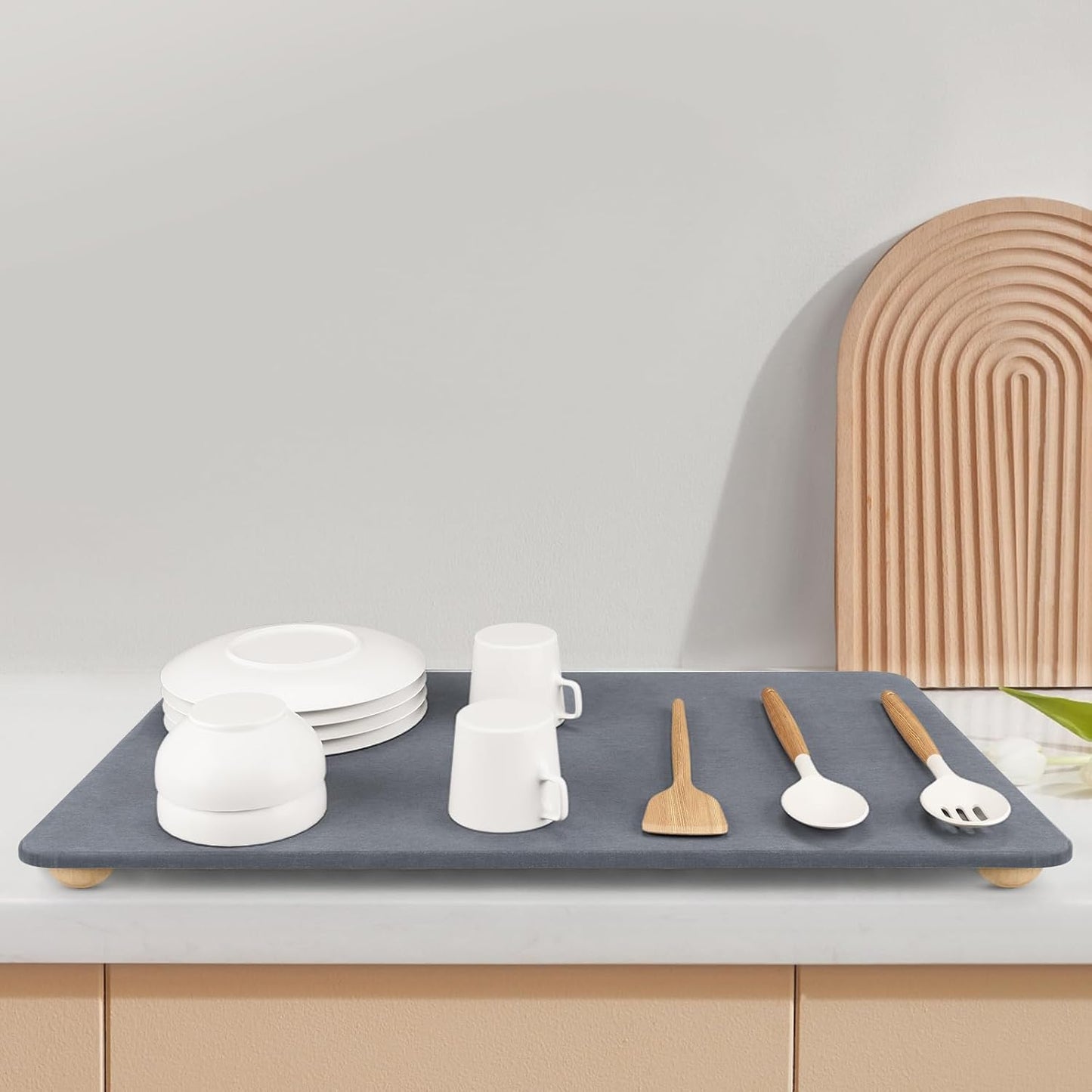 Stone Dish Drying Mat for Kitchen Counter, 16"×12" Quick Dry Super Absorbent Eco-Friendly Diatomaceous Earth Stone Mat with hemisphere wooden feet, Non-slip, Heat Resistant, Multi-purpose mats.