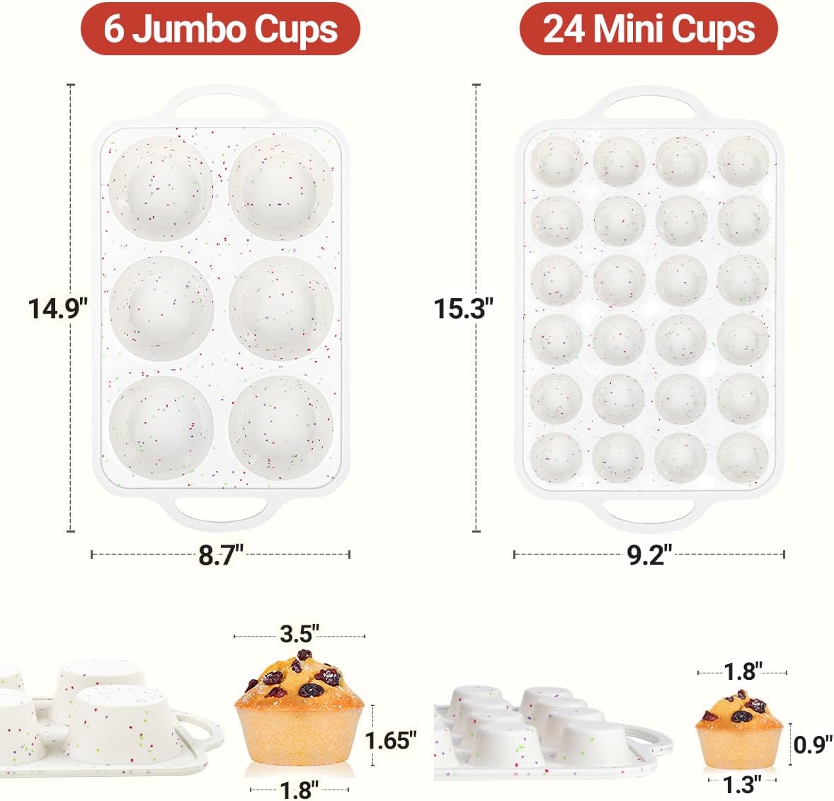 Silicone Muffin Pans for Baking, Metal Reinforced Frame Jumbo 6 Cups & Mini 24 Cups Cupcake Pan Nonstick Muffin Pan for Homemade Baking Easy to Handle