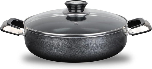 Alpine Cuisine 3 Quart Non-stick Caldero Stock Pot with Tempered Glass Lid and Carrying Handles, Multi-Purpose Cookware Aluminum Dutch Oven for Braising, Boiling, Stewing