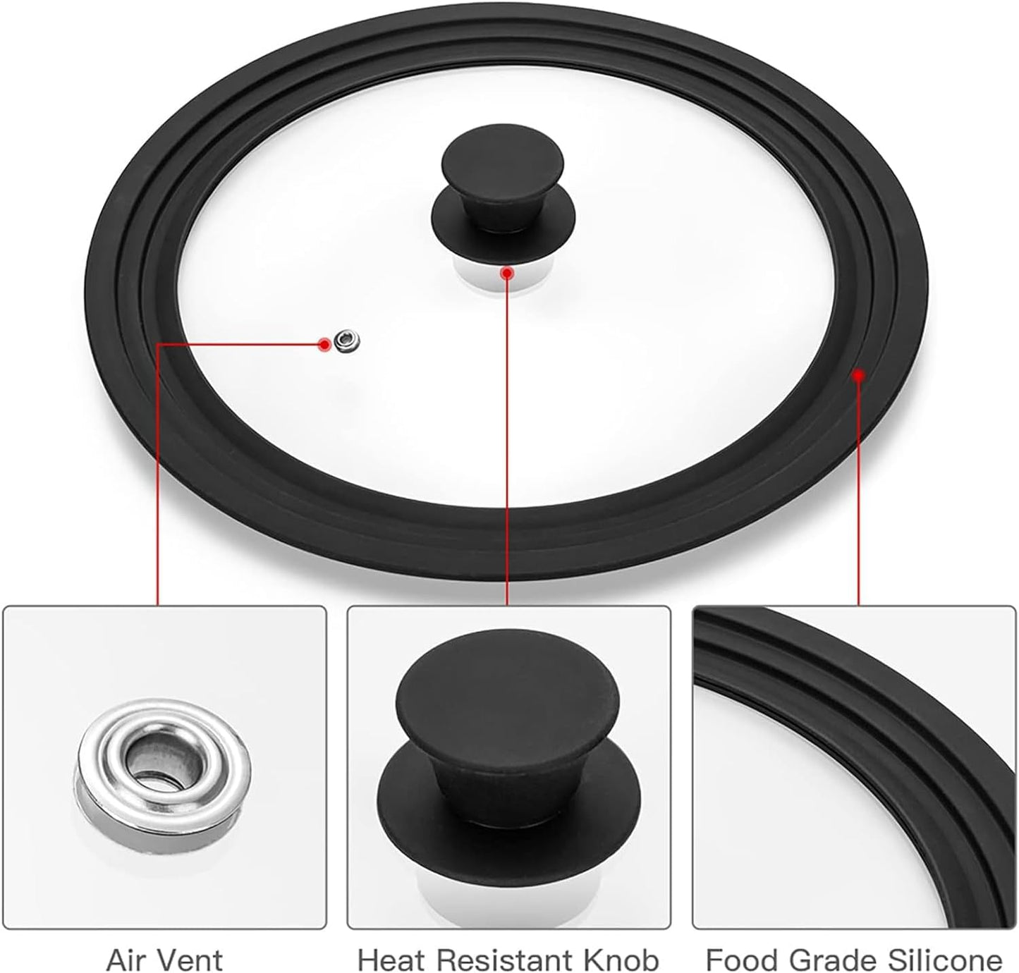 Universal Lid for Pots, Pans and Skillets, Tempered Glass Lid fit 10", 11", 12" Skillets, Pots, Frying Pans, Cast Iron, Crock Pot and Other Glass Covers Replacement