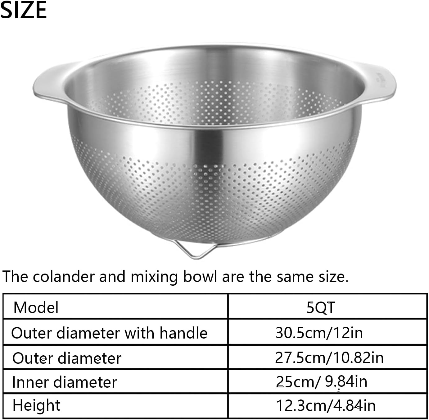 18/8 Stainless Steel Microwell Colander, 5QT Large Capacity with Handle Kitchen Food Strainer Basket for Washing Vegetables, Fruits, Rice, and Pasta (primary colour, 5QT)