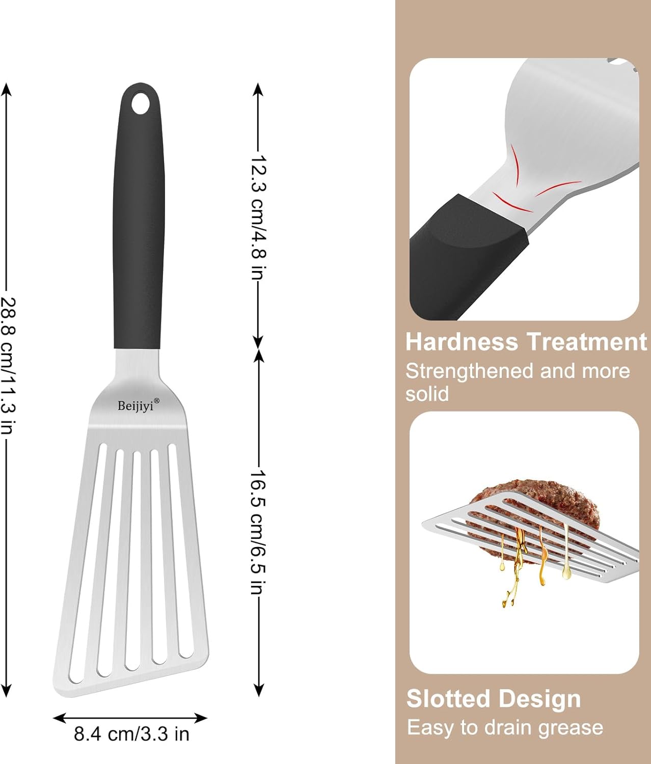 Beijiyi 11.3" Fish Spatula, Stainless Steel Slotted Spatula for Cooking Flipping Fish, Egg, Burger, Metal Kitchen Turner for Cast Iron Skillet with Silicone Handle, 1.2mm Thickened Blade