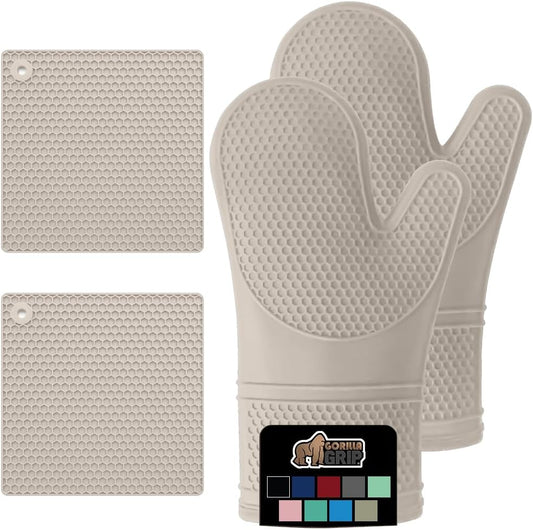 GORILLA GRIP BPA-Free Soft Silicone Oven Mitts and Pot Holders Sets of 4, Heat Resistant Waterproof Cooking Gloves, Thick Cotton Lining, Flexible Gripping for Baking Grilling, Kitchen Trivets, Almond