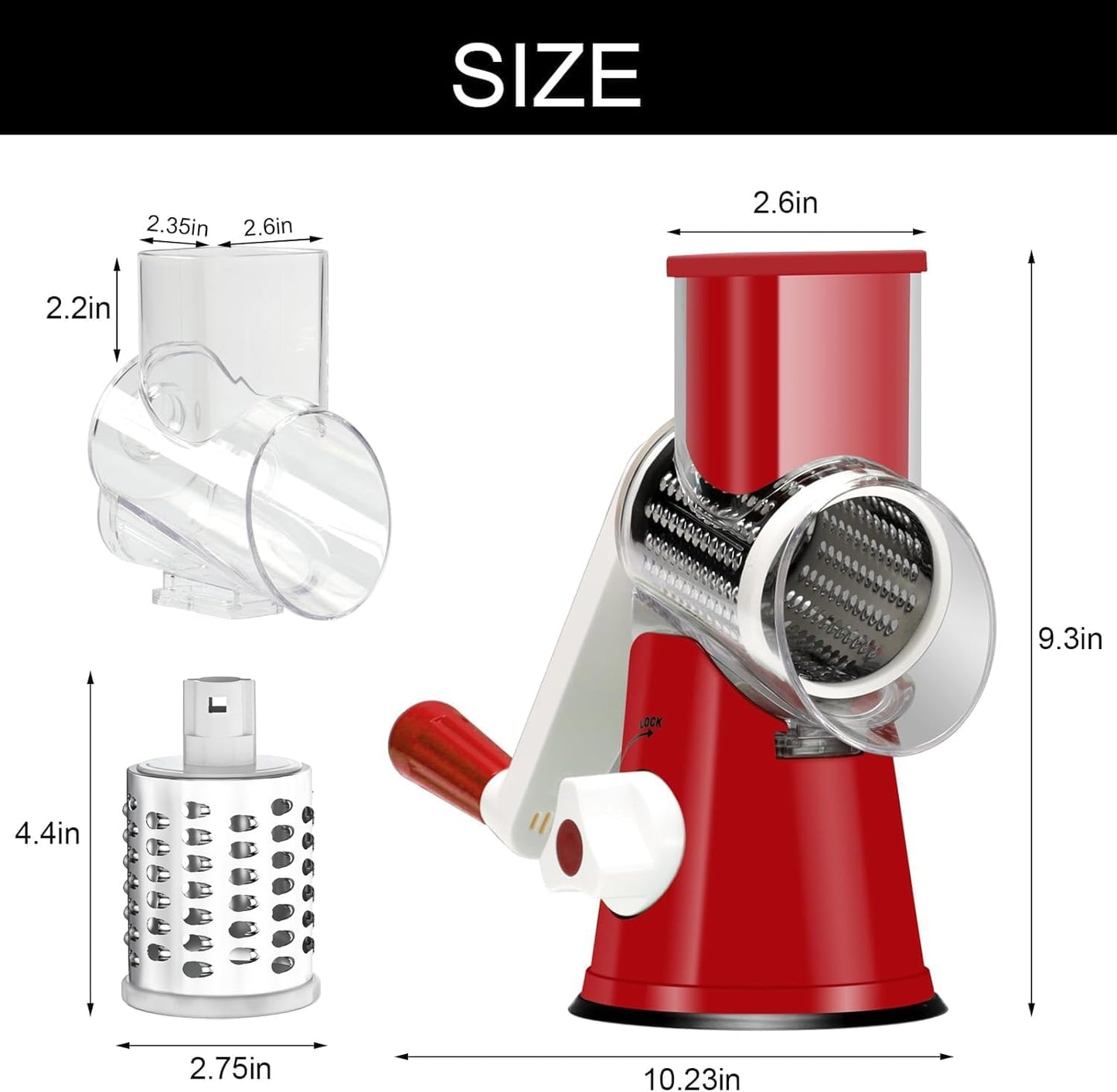 Cambom Rotary Cheese Grater Hand Crank Cheese Shredder for Fresh Cheese, Vegetable, Nuts,Non-slip Suction Base, Free Cleaning Brush Three Blades, Red