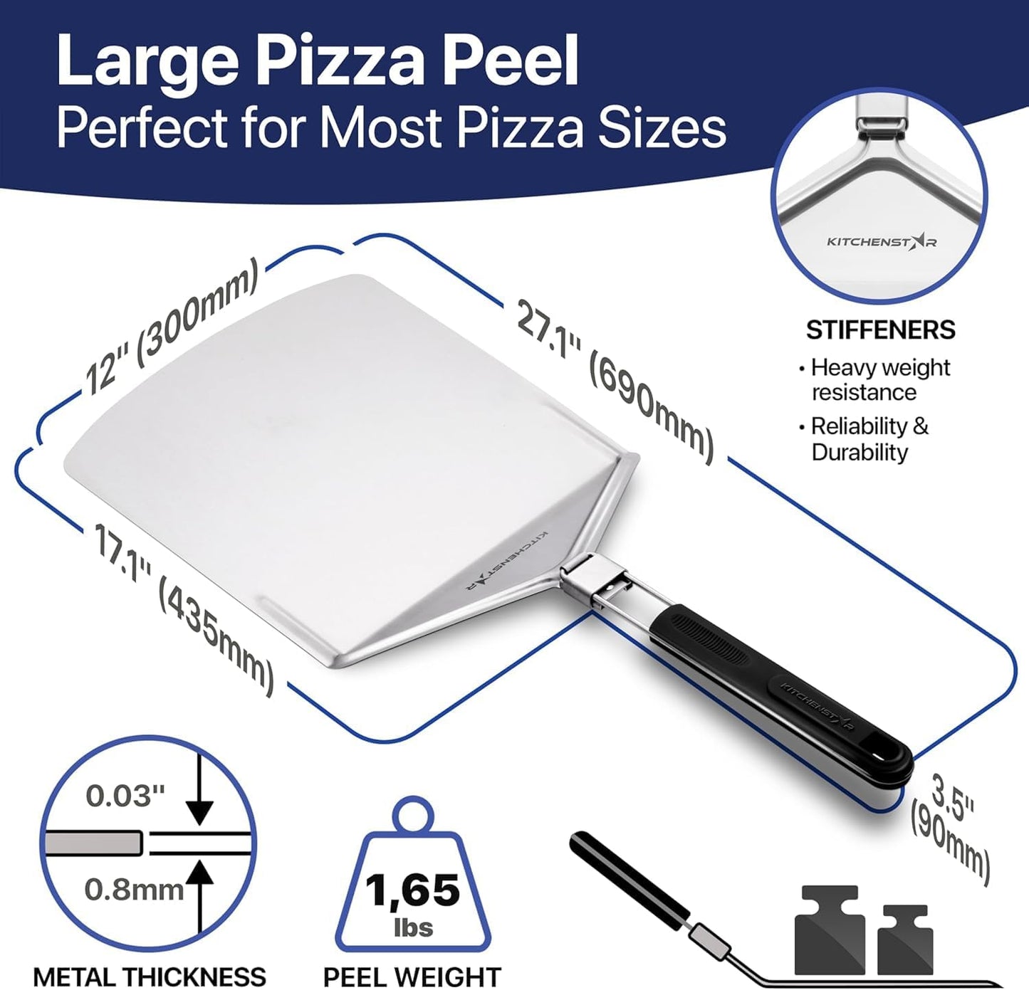 KitchenStar Stainless Steel Pizza Peel 12 inch with 10 inch Folding Handle, Medium - Spatula Paddle for Effortless Pizza Transfer & Easy Storrage - Outdoor Pizza Oven Accessories