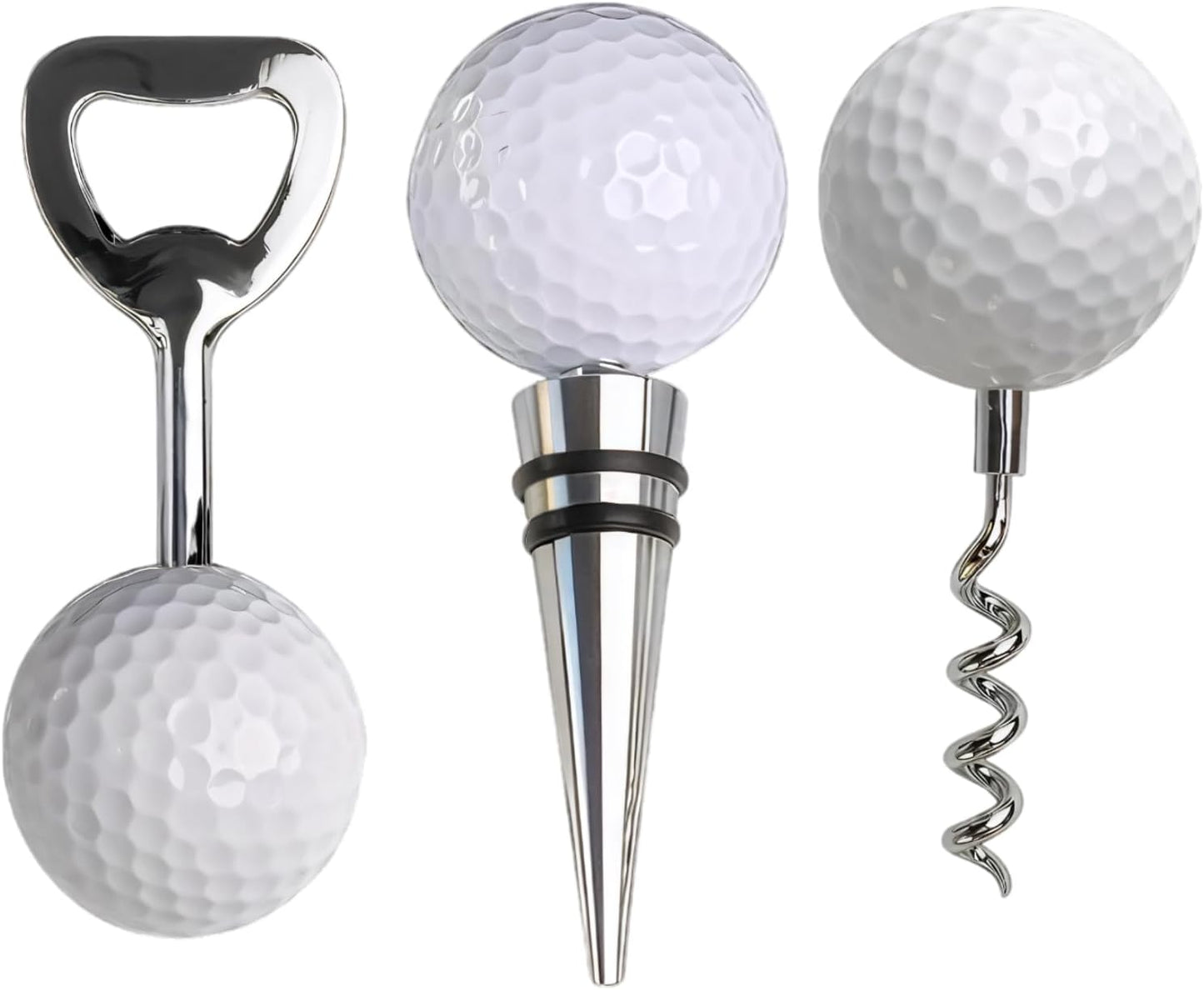 Golf Ball Wine Bottle Opener and Stopper Set (3 PCS), Zinc Alloy Wine Accessories with Stylish Golf Ball Design (1 Wine Bottle Opener and 2 Stoppers), Gift for Golf Enthusiasts