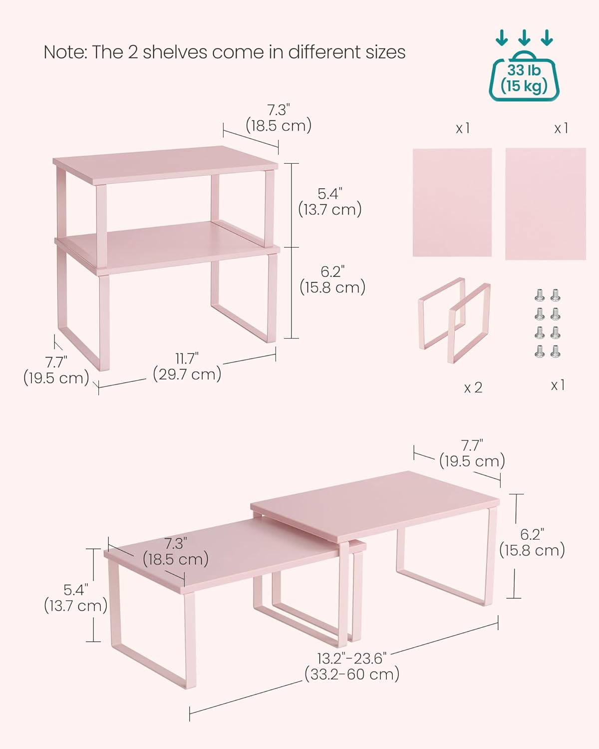 SONGMICS Cabinet Organizer Shelf, Set of 2 Kitchen Counter Shelves, Kitchen Storage, Spice Rack, Stackable, Expandable, Metal and Engineered Wood, Jelly Pink UKCS020S01