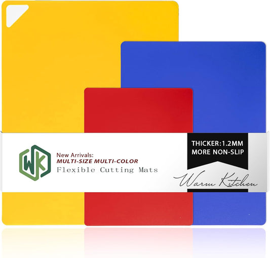 WK Flexible Plastic Cutting Boards for Kitchen Set of 3, Non slip Cutting Mats, Colorful Thin Cutting Sheets for Meat, BPA Free, Dishwasher Safe