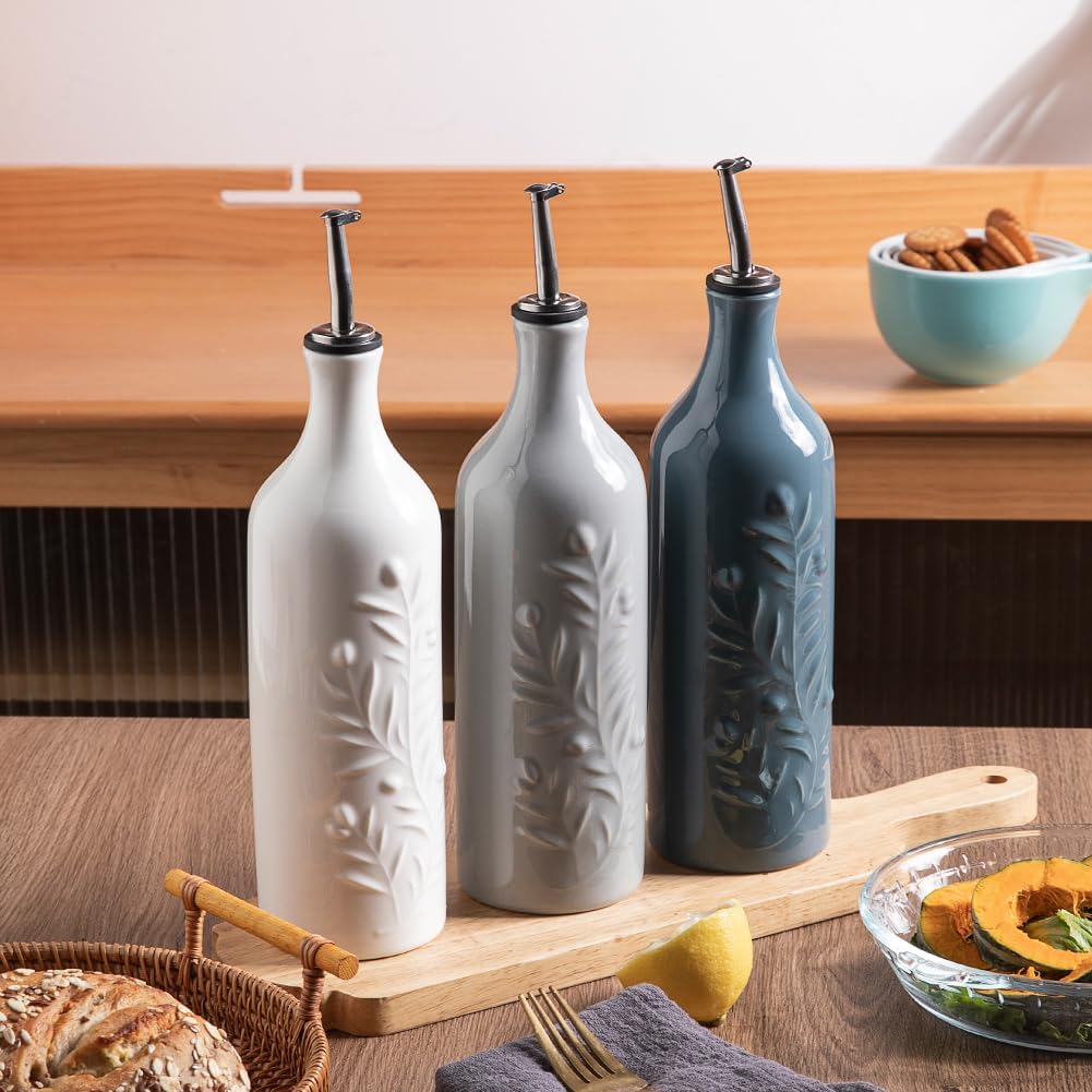 Sweejar Large Olive Oil Dispenser Bottle with Spout, 24 Oz Ceramic Oil Dispenser for Kitchen, Relief Opaque Oil Cruet, Oil Container for Cooking, EVOO, Avocado Oil, Vinegar, Pack of 1(Gray)