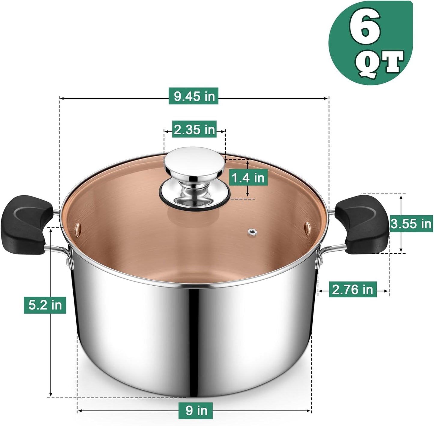 6 Quart Cooking Pot Stockpot with Lid, P&P CHEF Tri-ply Stainless Steel Pot for Pasta Soup, Work on Multi Stove Tops, Heat-resistant Pot Handles, Heavy-Duty & Dishwasher Safe
