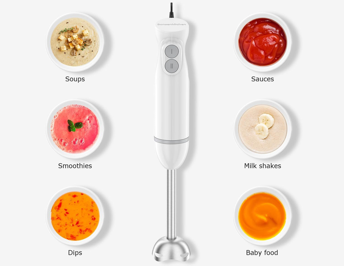 Bonsenkitchen Hand Blender, Immersion Blender with 2 Mixing Speed, Electric Portable Handheld Stick Mixer with Stainless Steel Blades for Soup, Smoothie, Puree, Baby Food, White