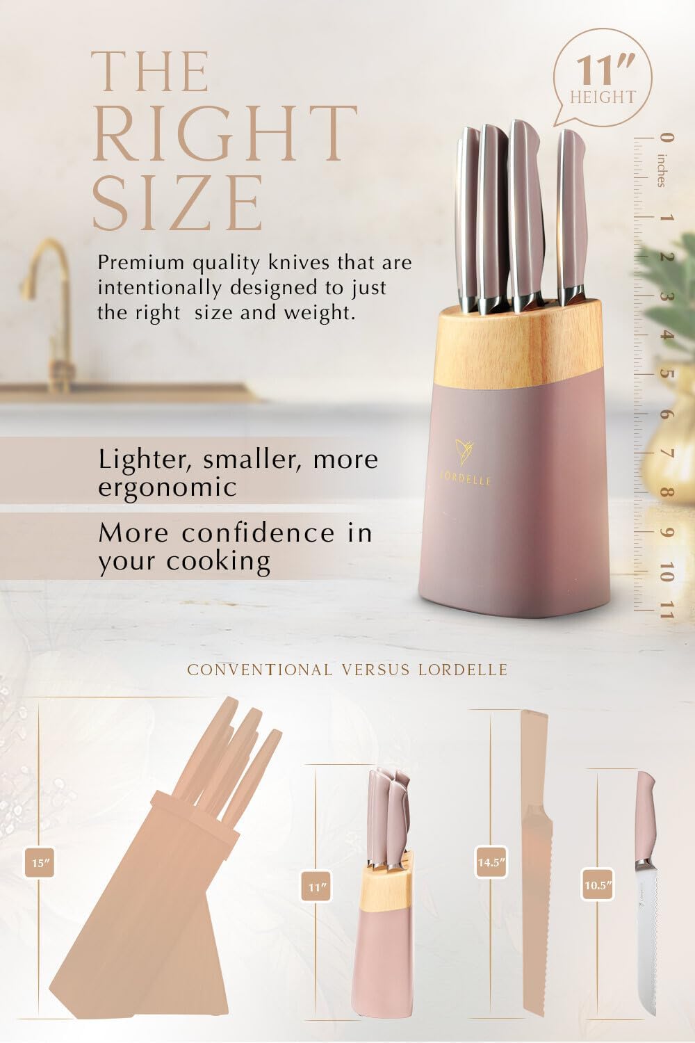 Lordelle Knife Block Set - 5 Piece Set - Rosewood Pink - Lifestyle Home Kitchen Design - German X50 Stainless Steel - ABS Handle - Ash Wood Block - Cooking Chef Knife, Santoku, Paring, Utility