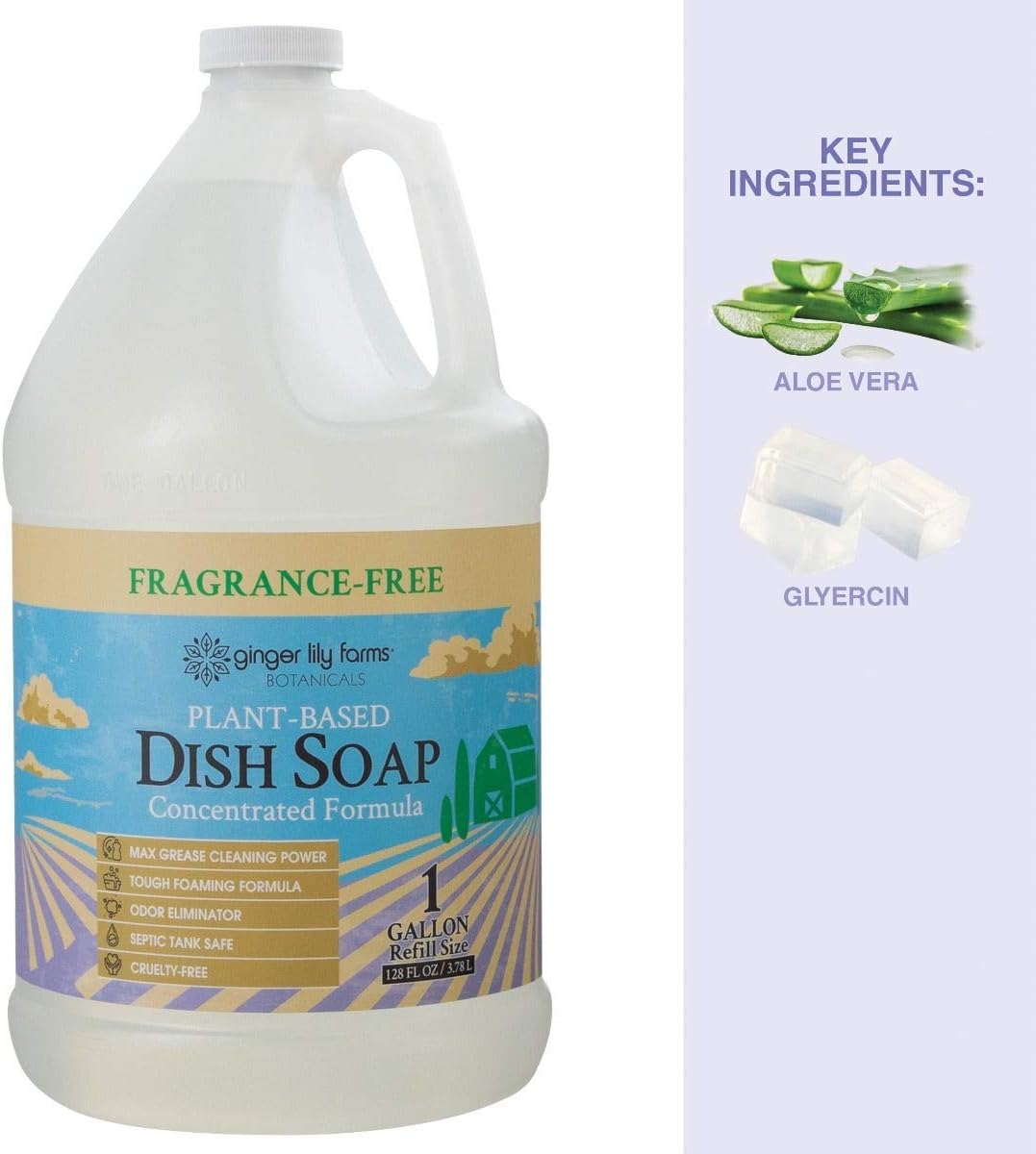 Ginger Lily Farms Botanicals Plant-Based Liquid Dish Soap, Concentrated Formula with Max Grease Cleaning Power, Cruelty-Free, Fragrance-Free, 1 Gallon Refill (Pack of 4)