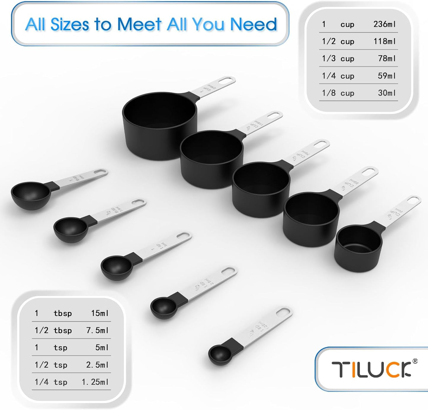 TILUCK Measuring Cups & Spoons Set, Stackable Cups and Spoons, Nesting Measure Cups with Stainless Steel Handle, Kitchen Gadgets for Cooking & Baking (Black)