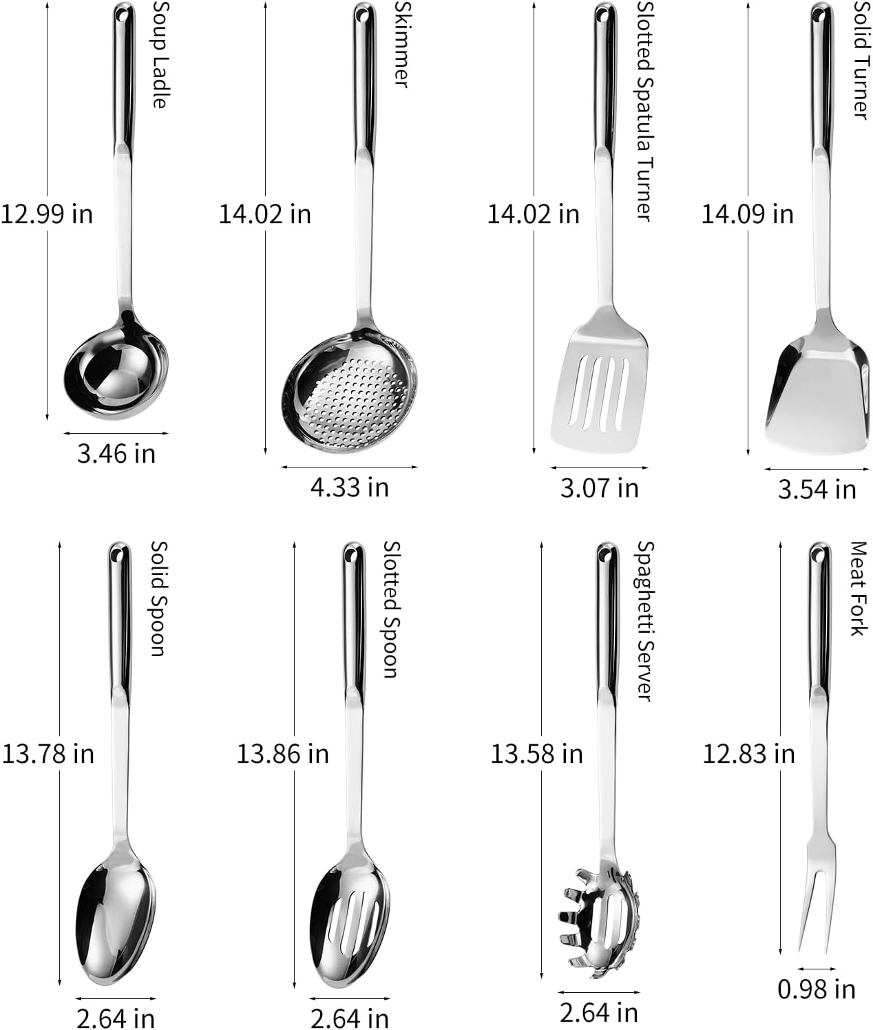 304 Stainless Steel Cooking Utensils Set, 8PCS Kitchen Utensils Set, Include Skimmer, Soup Ladle, Spaghetti Server, Wok Spatula, Slotted Spoon, Solid Spoon, Slotted Spatula Turner & Meat Fork