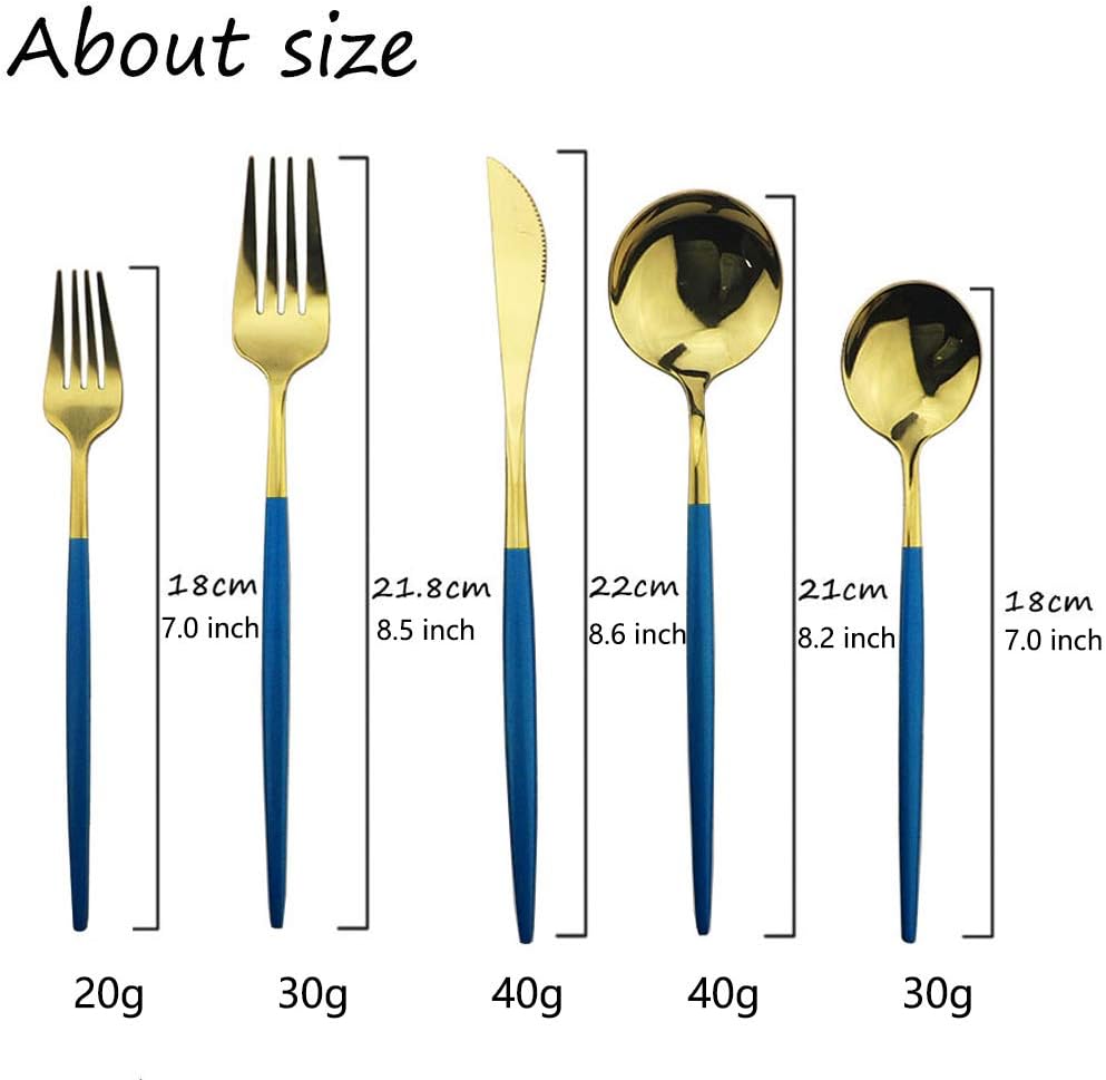 JASHII Blue Gold Silverware Set, 20-Piece Stainless Steel Satin Finish Flatware, Kitchen Utensils, Mirror Polished Tableware Cutlery for Home and Restaurant, Dishwasher Safe