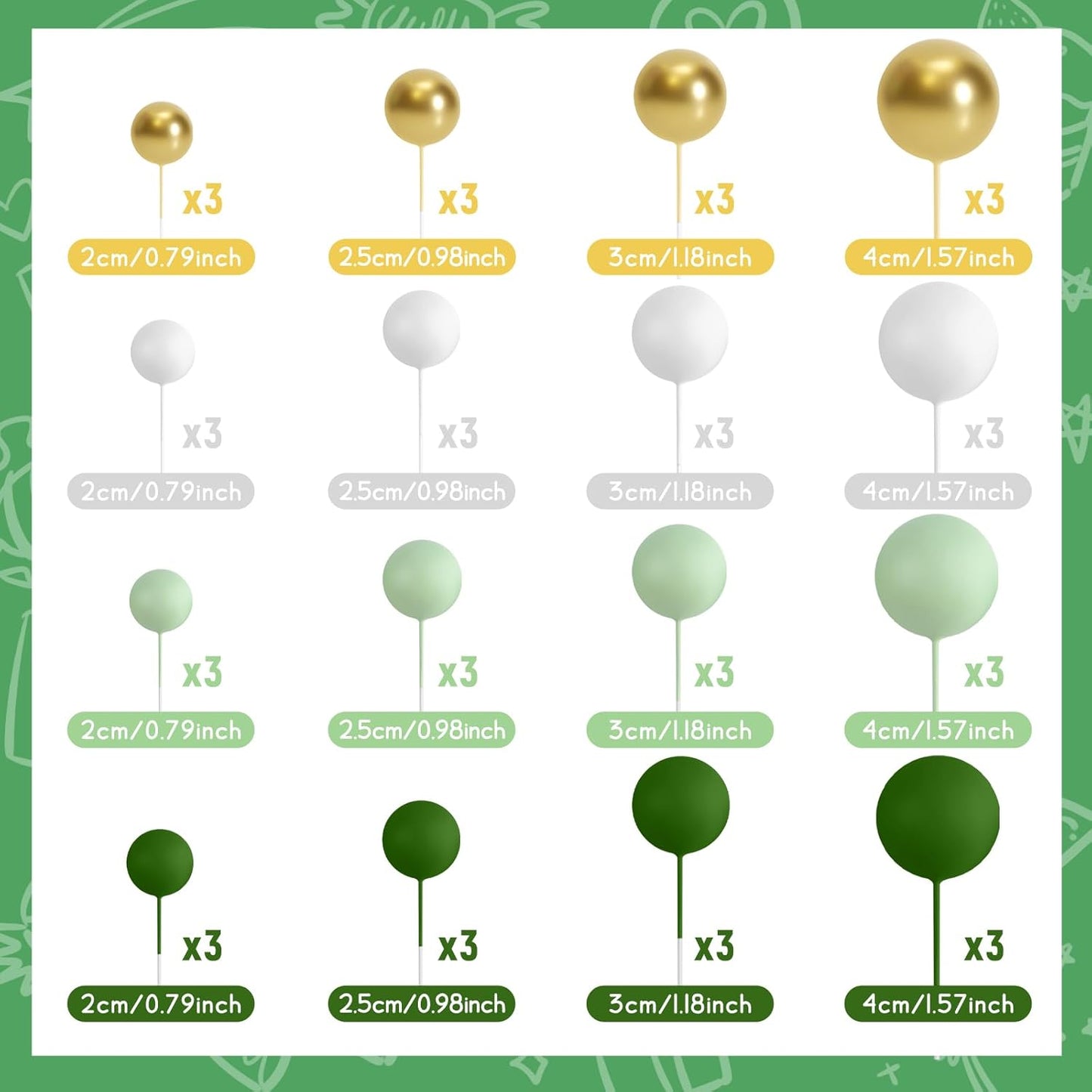 48 Pcs Cake Topper Decorations - Balloon Cupcake Toppers, Foam Balls for Birthday Party Wedding Cake Decorating (Green, Light Green, White, Gold)