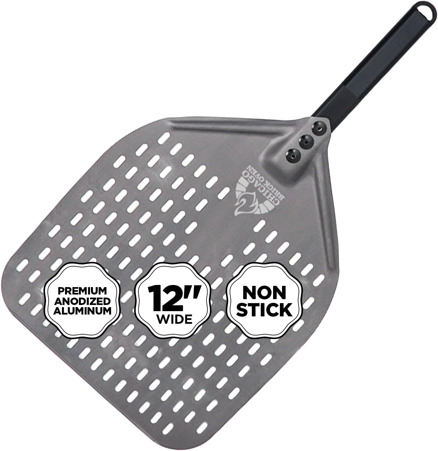 Perforated Pizza Peel - 12"x15" Anodized Aluminum Pizza Steel, 11" Handle, 26" Overall Length - Ideal Pizza Turning Peel for Pizza Oven, Brick Oven, Baking Bread